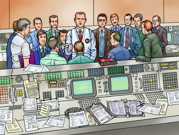 This panel from the illustrated story about Apollo 13 published by Crabtree Publishing shows NASA Flight Director Eugene Kranz with his Apollo 13 mission control crew, as he briefed them on the task to bring the crew home safe and sound. Quite a bit of research was required to find out just how mission control looked in 1970. This room has since been preserved as a bit of history.