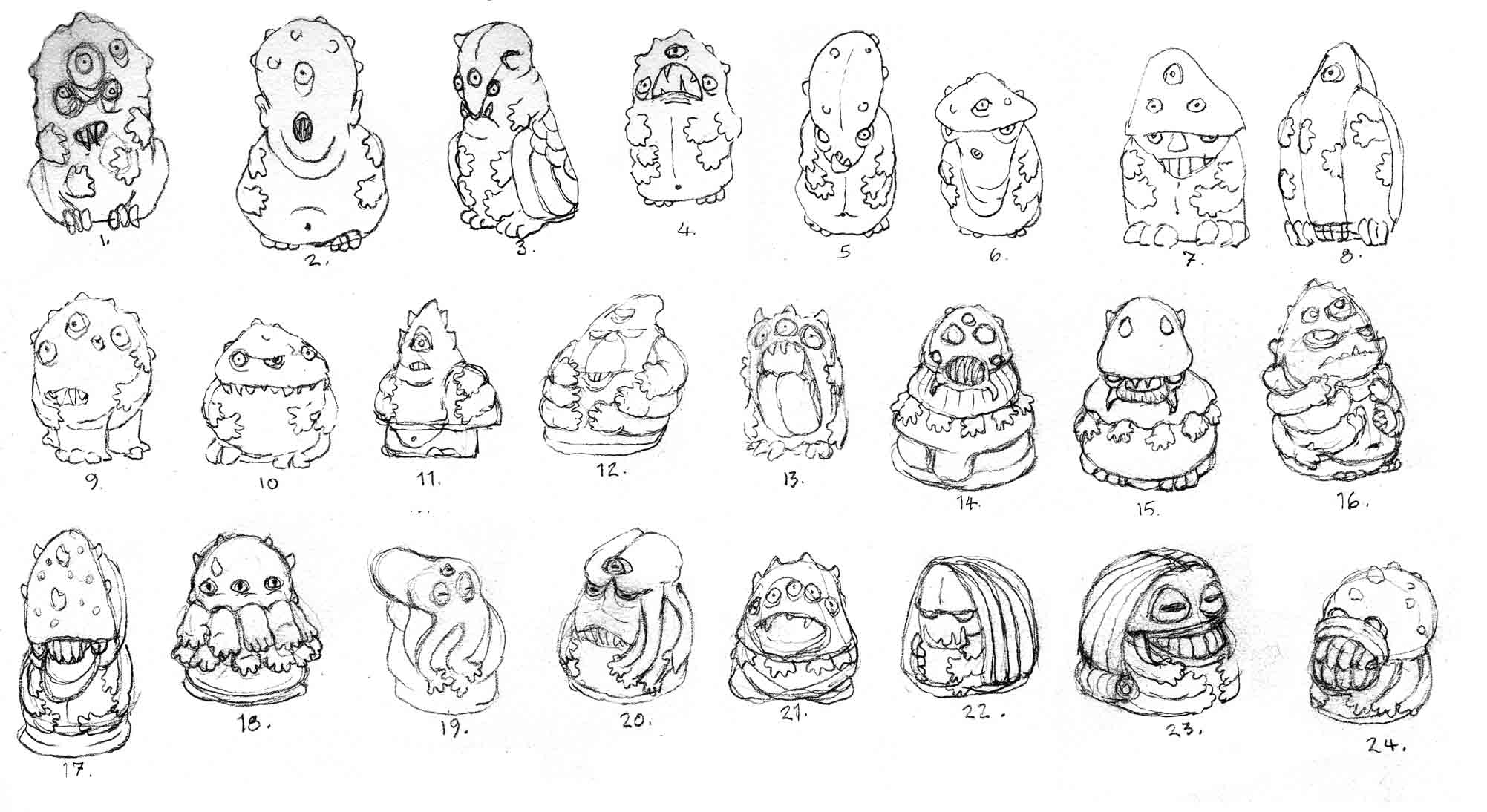 These are 24 small pencil concept drawings that I submitted to director Larry Blamire for his film "The Lost Skeleton Returns Again." He needed a primitive carved stone idol for the "Cantaloupe People" ... something uncomfortable and unseemly. I submitted these sketches and you can see which one he chose... the one with the most little baby arms that I'd have sculpt. As soon as I drew that No. 18, I had my suspicions that it would be the chosen Dalp.