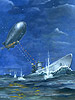 This painting is an accurate portrayal of the only (officially) acknowledged battle between a US Navy airship and a German U-Boat. On July 18, 1943, the US Naval Blimp K-74 attacked and damaged the German U-Boat U-134 off the Florida straits and saved nearby merchant ships from probable sinking. The K-74 was shot down with the loss of its bombardier. The German U-Boat, its diving tanks badly damaged by the K-74's attack, was forced to limp across the Atlantic for its home base. It was discovered, bombed and sunk by allied aircraft 30 days later.