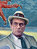 Here's Kolchak again... for Moonstone Books "Big Book of Kolchak the Night Stalker."  with his trusty miniature Rollei-16 16mm camera, but this time at night. The publisher wanted Carl to be facing the menace in the evening, not in broad daylight as I had first painted him... oh well. so I completely redid all the elements, adding stars, headlight beams and light effects and altering the hues for nighttime.