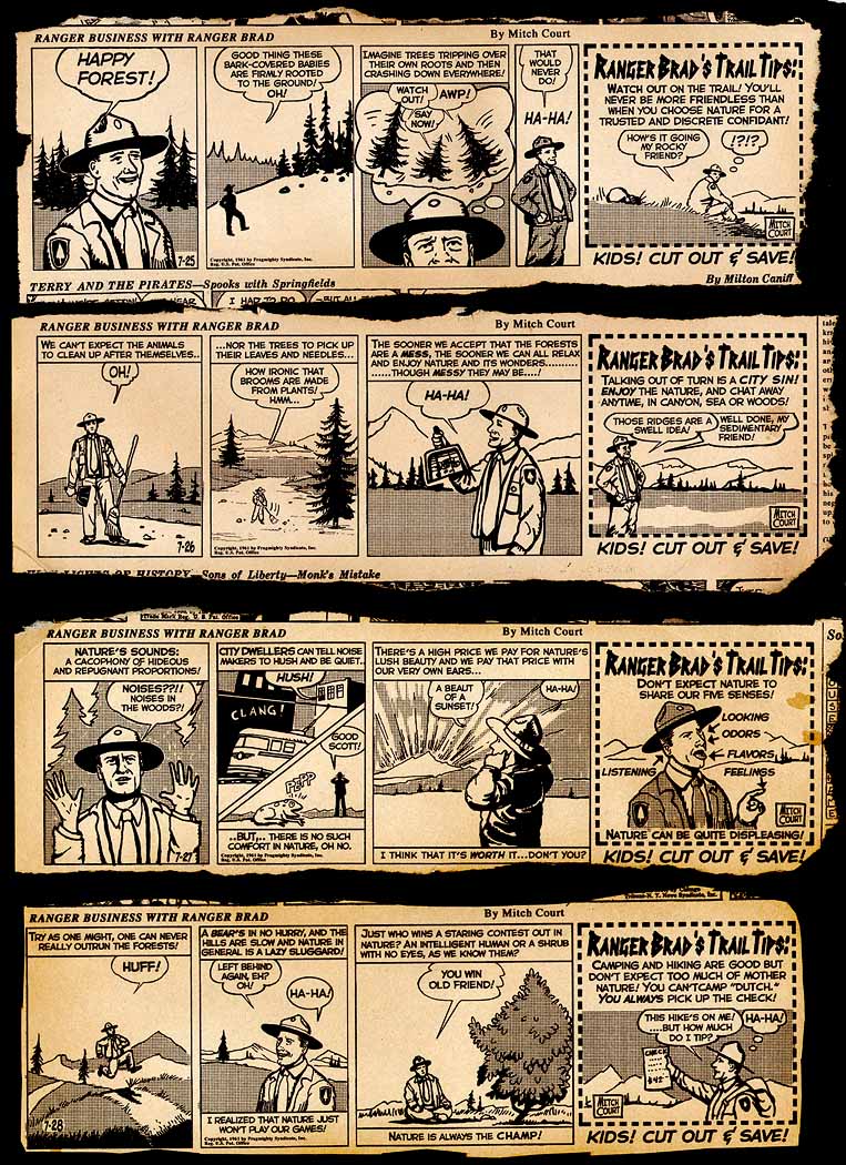For Sony Tristar's "The Lost Skeleton of Cadavra" written and directed by Larry Blamire, I created four vintage daily comic strip pages from the 1960s of the character "Ranger Brad." My approach was inspired by the strange and sometimes eccentric camping/nature/adventure strips of the early 20th century.